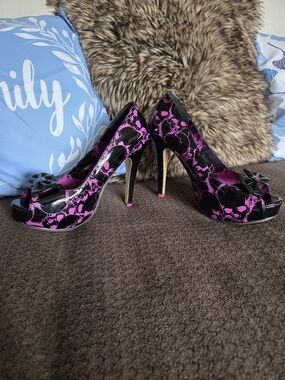 Black and Hot Pink Floral Patent Peep-Toe High Heels